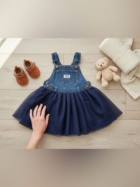 OshKosh B'Gosh Tulle Denim Jumper Dress Sz 4T Navy Ruffle Overall Vestbak Jean